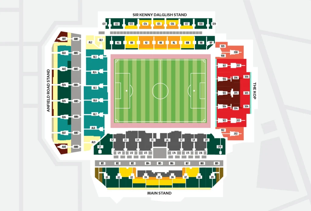 Offizieller Anfield-Sitzplan für 2026/27 mit Tribünen, Rängen und Blöcken. Prüfe beim Buchen die genaue Reihe und mögliche Sichtbehinderungen. · Anfield