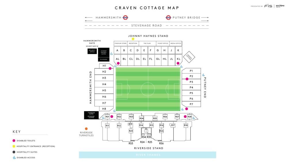 Reference plan from Fulham FC’s official 2023/24 hospitality itinerary, page 4, including the new Riverside Stand blocks. This historical map does not confirm current seating availability, hospitality areas or accessible routes after the Riverside development. Check your exact block, entrance and facilities with Fulham before booking. · Craven Cottage