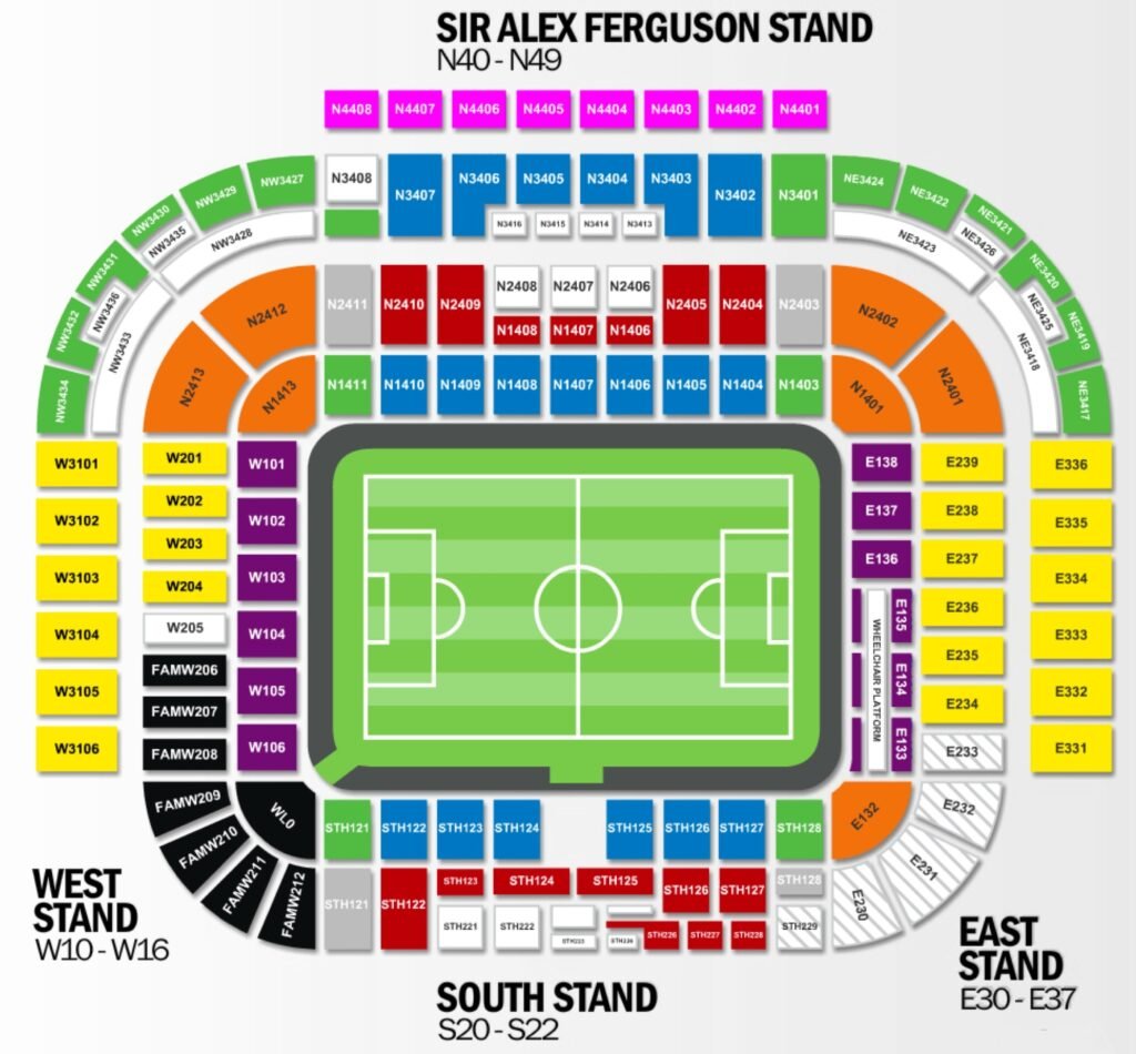 Undated reference plan published by To The 92, showing Old Trafford stands and blocks. The image uses the older South Stand name for the Sir Bobby Charlton Stand. Colours are not current ticket prices; confirm allocations, accessibility and your exact seat with Manchester United. · Old Trafford