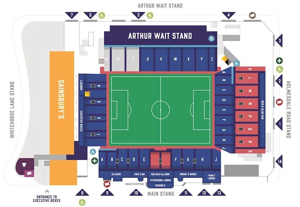 Undated reference plan published by To The 92, showing Selhurst Park stands, blocks and entrances. This is not a confirmed current allocation or accessibility plan. Check your ticket and Crystal Palace’s latest matchday guidance for the correct entrance and facilities. · Selhurst Park