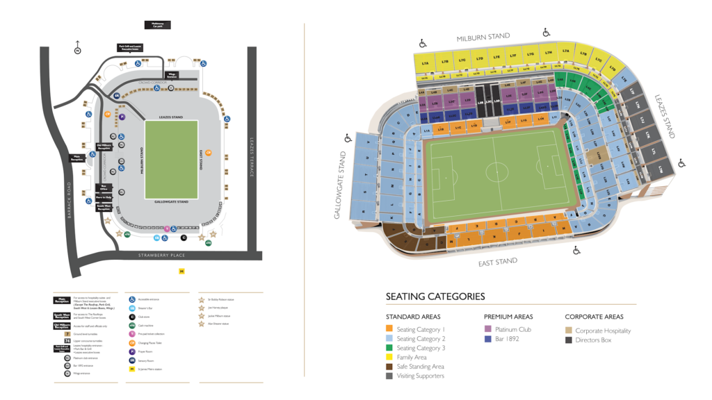 Official St James' Park plan showing stands, blocks, entrances and seating categories. Match allocations and entry instructions must be checked against your ticket. · St James' Park