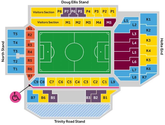 Historical reference layout published by Football Ground Guide, showing the four stands and labelled blocks. It does not show the 2026/27 redevelopment configuration: the entire North Stand is closed and Trinity Road blocks C8/C9 are affected. Colours, wheelchair markers and the visiting-supporter area show earlier arrangements, not current prices, accessibility or allocations. Check Aston Villa’s current ticket plan and your exact entrance before booking. · Villa Park