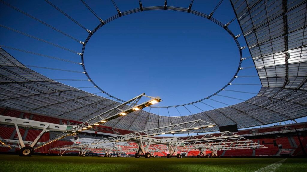 Roof and seating from pitch level · BayArena